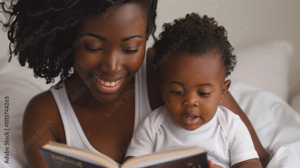A mother and child are reading a book together in bed. A mother and child are reading a book together in bed.