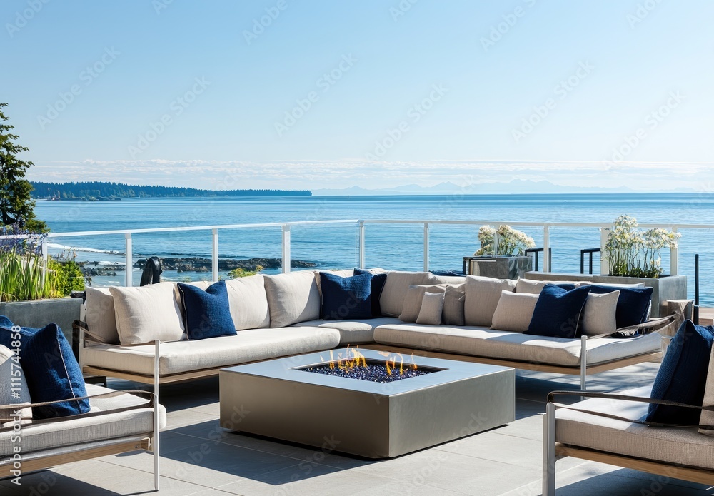 Fototapeta premium Cozy patio with beige and blue cushions, a round stone fire pit in the center of the large balcony, a white wooden fence surrounding it