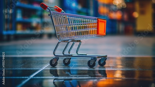 Empty Shopping Cart in a Supermarket Aisle photo