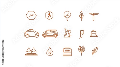 Set of minimalist line art icons depicting eco-friendly transportation and renewable energy solutions. photo