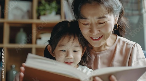 A woman and a young girl are reading a book together exuding a sense Of joy and learning. photo