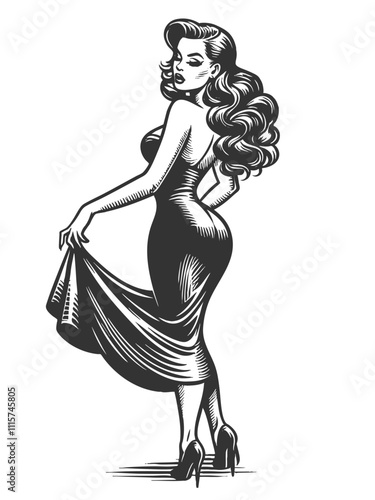 pin-up woman in a form-fitting dress, posing, vintage fashion sketch engraving generative ai fictional character vector illustration. Scratch board imitation. Black and white image.