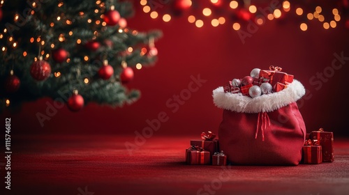 Christmas tree with Santa Claus bag filled with many gifts, on red solid backdrop table, christmas themed decors and string lightings hanging from above, Christmas background