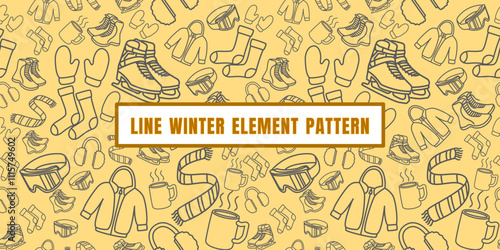 Seamless pattern of line art winter elements, such as boots, scarves, and gloves, on a yellow background.  Suitable for wrapping paper, fabric printing, or winter-themed promotional materials.