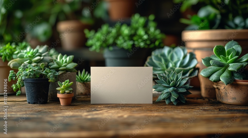 Business Card Mockup on Wooden Table with Succulent Plants. Generative AI Business Card Mockup on Wooden Table with Succulent Plants. Generative AI