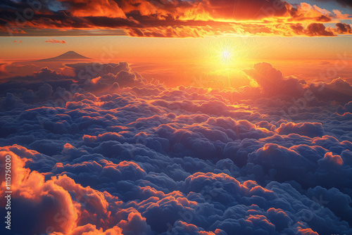 Paisaje del atardecer por encima de las nubes con una montaña al fondo. photo