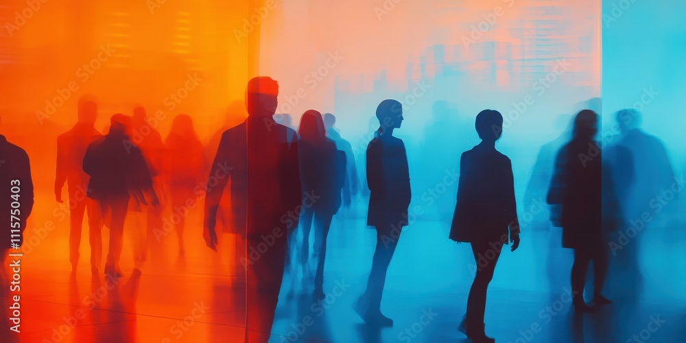 Silhouettes of people overlaid on digital financial charts with a blue and orange color gradient abstract and minimalistic design Silhouettes of people overlaid on digital financial charts with a blue and orange color gradient abstract and minimalistic design
