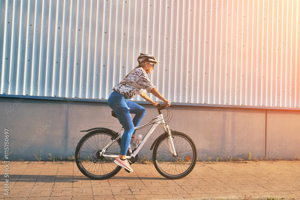 Athletic Woman in a Helmet Riding a Bicycle on the Street, Athletic Woman in a Helmet Riding a Bicycle on the Street,