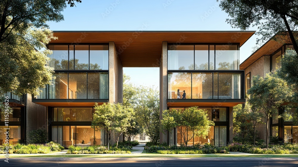 Fototapeta premium Modern Family Home with Large Windows and Greenery
