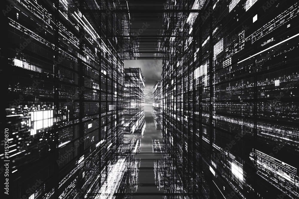 Fototapeta premium abstract black and white perspective of glowing urban structures in motion 