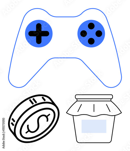 Video game controller with a coin and jar representing elements of gaming, financial earning, and saving. Ideal for financial literacy, gaming economy, saving strategies, game development, hobby