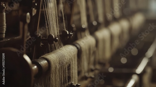 Close-up of vintage textile loom weaving yarn.