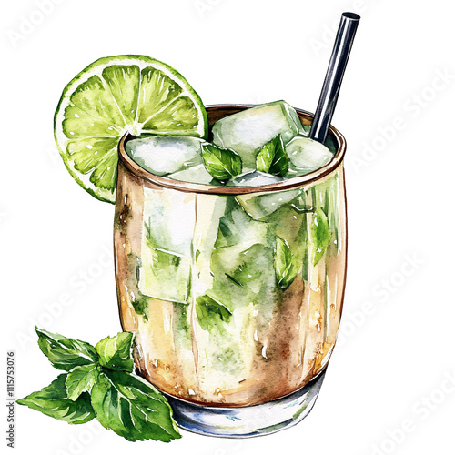 Watercolor Clipart of Moscow Mule isolated on white & transparent a background.