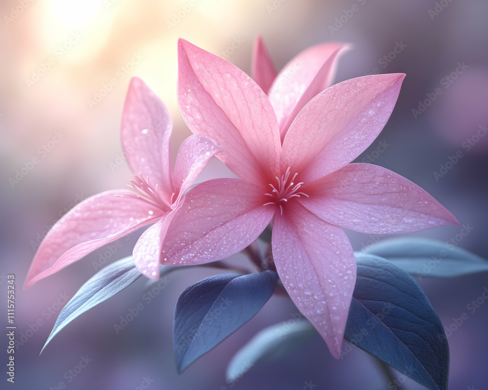 Fototapeta premium Two pink flowers with dew drops, soft light background.