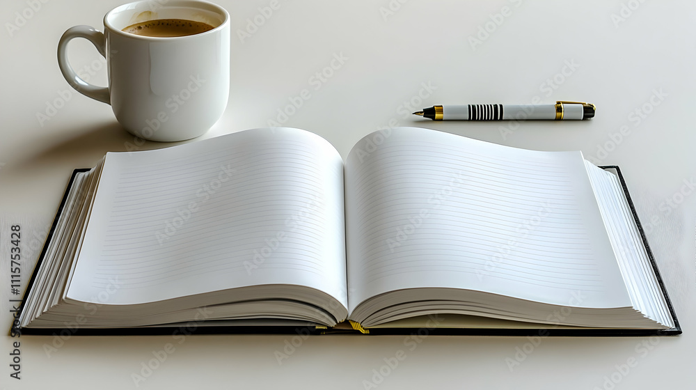 Open notebook, pen, and coffee cup on a table. Open notebook, pen, and coffee cup on a table.
