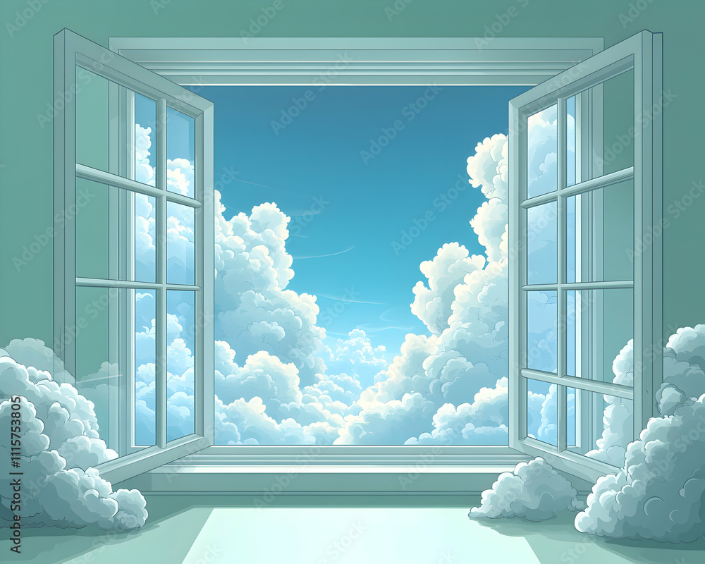 Naklejka premium Open window with fluffy clouds and blue sky view.