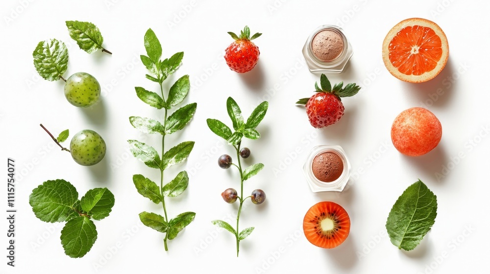 Obraz premium Fresh Fruits and Greenery in Creative Arrangement