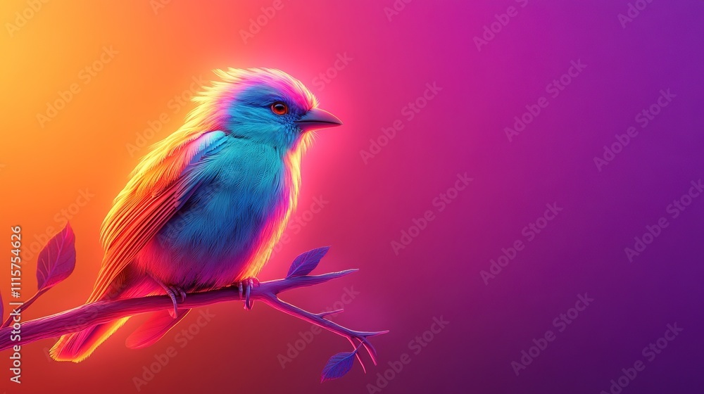A vibrant, stylized bird perched on a branch against a colorful gradient background. A vibrant, stylized bird perched on a branch against a colorful gradient background.