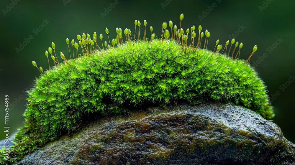 Fototapeta premium Vibrant Green Moss Thriving Atop Dark Rock Surface