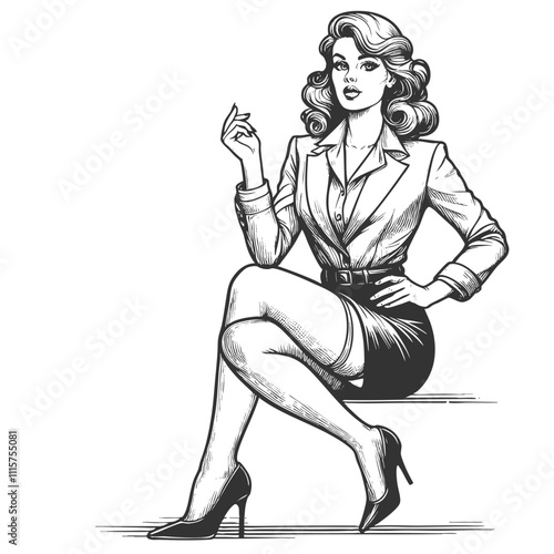 confident businesswoman in a tailored blazer and pencil skirt, exuding vintage elegance and poise sketch engraving generative ai vector illustration. Scratch board imitation. Black and white image.