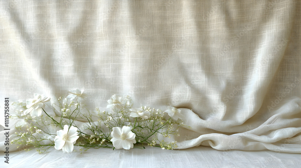 White flowers arranged on a cream linen backdrop. White flowers arranged on a cream linen backdrop.