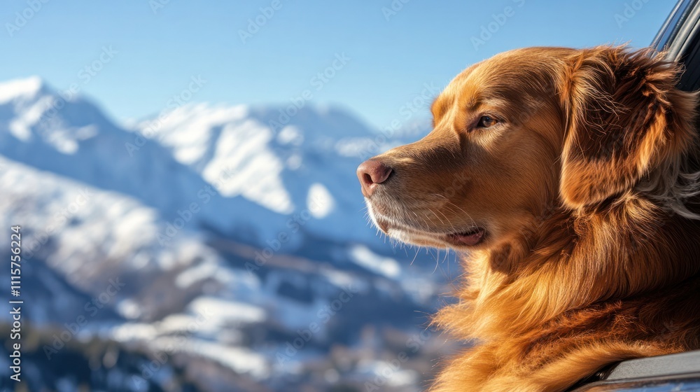 Obraz premium A Nova Scotia Duck Tolling Retriever sitting comfortably in a car with its head out of the window, enjoying the fresh winter air.