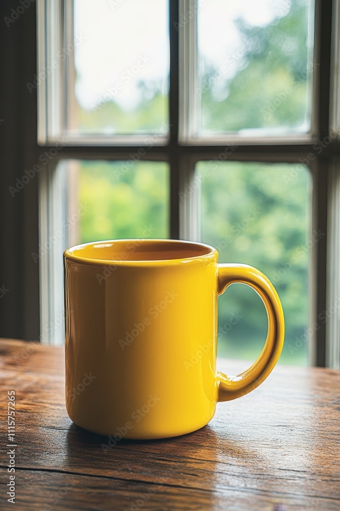 Fototapeta premium Yellow Coffee Mug on Rustic Table with Blurred Window and Green Garden View, Cozy Morning Concept