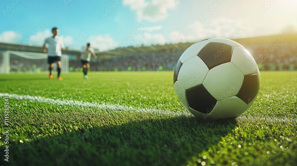 Fototapeta premium Kids soccer football - young children players match on soccer field. Banner