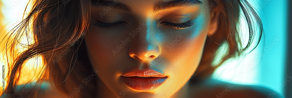 Obraz premium Young woman with closed eyes reflecting calmness in softly lit space with colorful backdrop