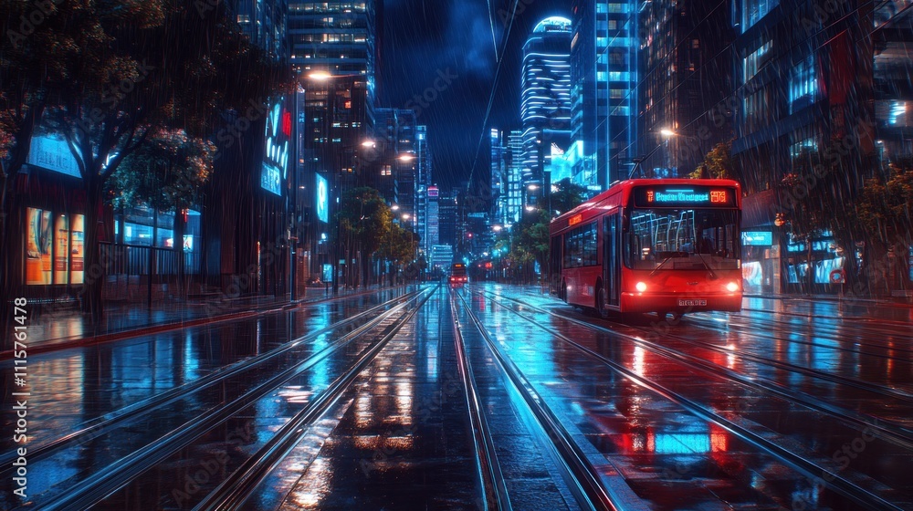 Fototapeta premium Night Cityscape with Red Bus