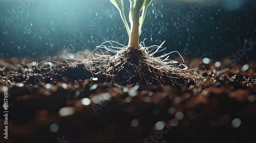 Young Plant Sprouting Roots In Dark Soil Under Rain photo