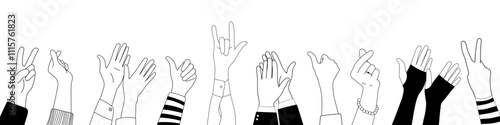 Doodle sketch hands up gestures comic icons silhouettes vector set. Group of line art fun comic hands in the air. Voting or happy congratulation audience recognition symbols.