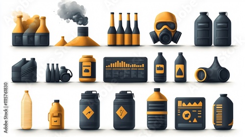 Icon set showcasing gas masks and factory pollution elements in a detailed illustration photo