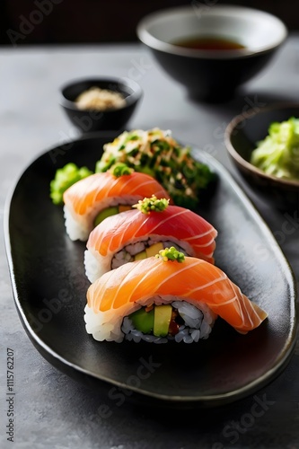 Sushi plate featuring a selection of nigiri and maki rolls