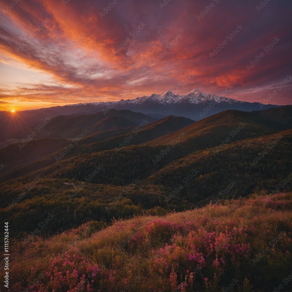 Obraz premium A peaceful mountain lake with snow-covered peaks reflected in the water.