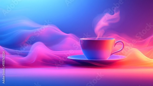 A white coffee cup with steam rising from it sits on a saucer against a backdrop of colorful, ethereal smoke.