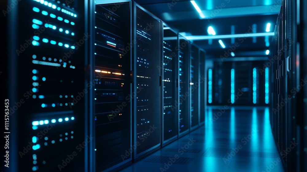 Fototapeta premium A server room with many servers and blue lights.
