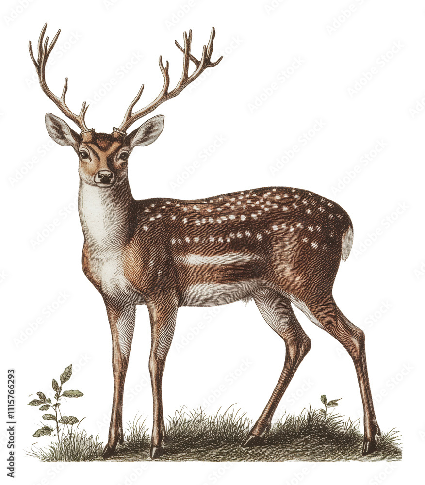 Obraz premium Beautiful spotted deer standing on green grass, cut out - stock png.