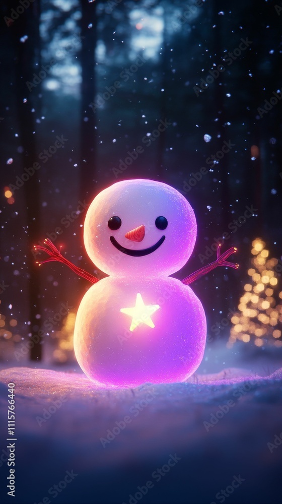 Fototapeta premium A glowing neon snowman in a winter, surrounded by glowing Christmas trees and sparkling snowflakes