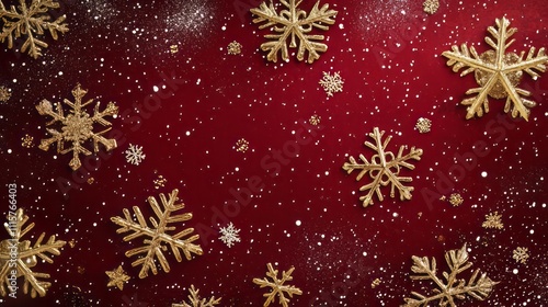 Christmas red background with gold snowflakes