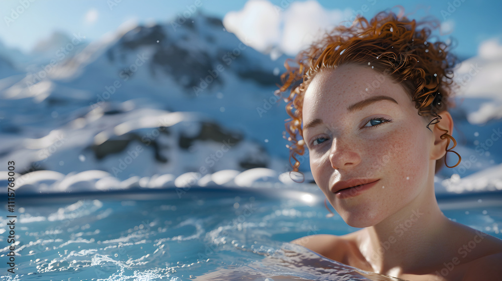 Obraz premium Woman Relaxing in a Hot Jacuzzi at an Outdoor Spa. Surrounded by Snowy Mountains, She Embraces the Peace and Warmth Amidst Nature's Majesty. Wellness, Travel, and Winter Luxury Campaigns.