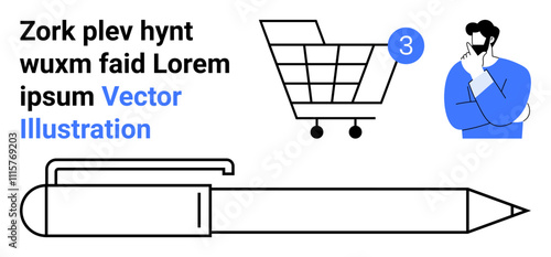 Shopping cart with number 3, large pen, thinking character, placeholder text. Ideal for e-commerce, online shopping, digital marketing, business strategy, creativity, work tools, presentations