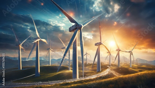 Modern Elegance: Turbines Showcase Sleek Design Amidst the Mesmerizing Play of Light on Rotating Blades, futuristic background technology atmoshpere photo