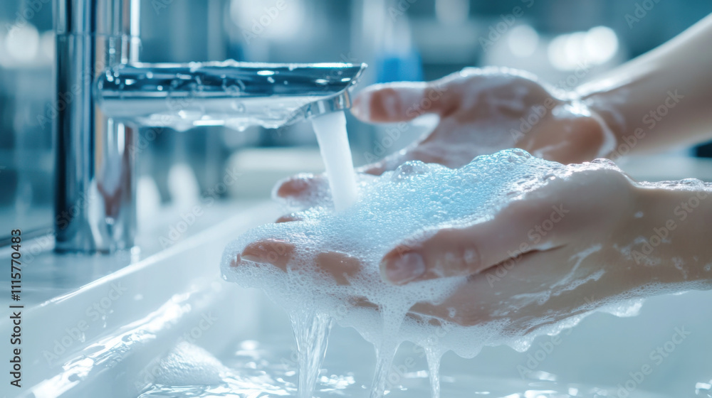 Fototapeta premium Washing hands with soap under faucet, highlighting hygiene and cleanliness. image captures importance of handwashing in daily routines