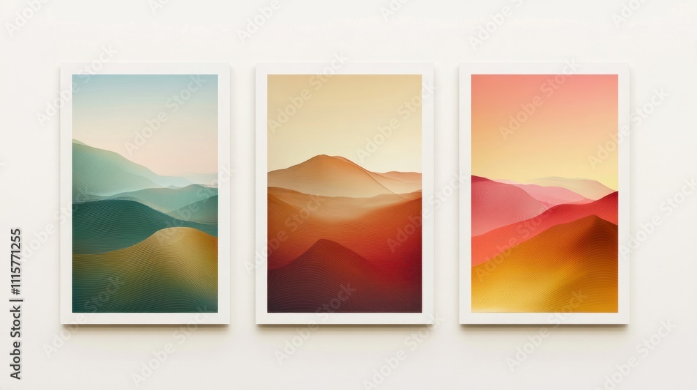 Obraz premium A trio of vertical posters showcasing surreal digital art with dreamy gradients and abstract shapes, perfect for modern interiors, on white