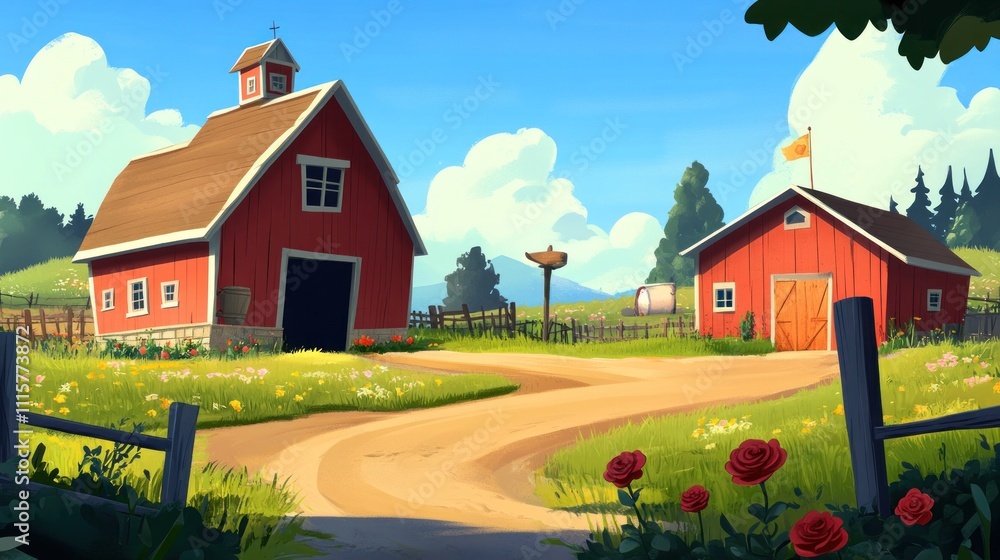 Fototapeta A vibrant farm scene featuring red barns, a dirt path, and lush greenery under a blue sky.