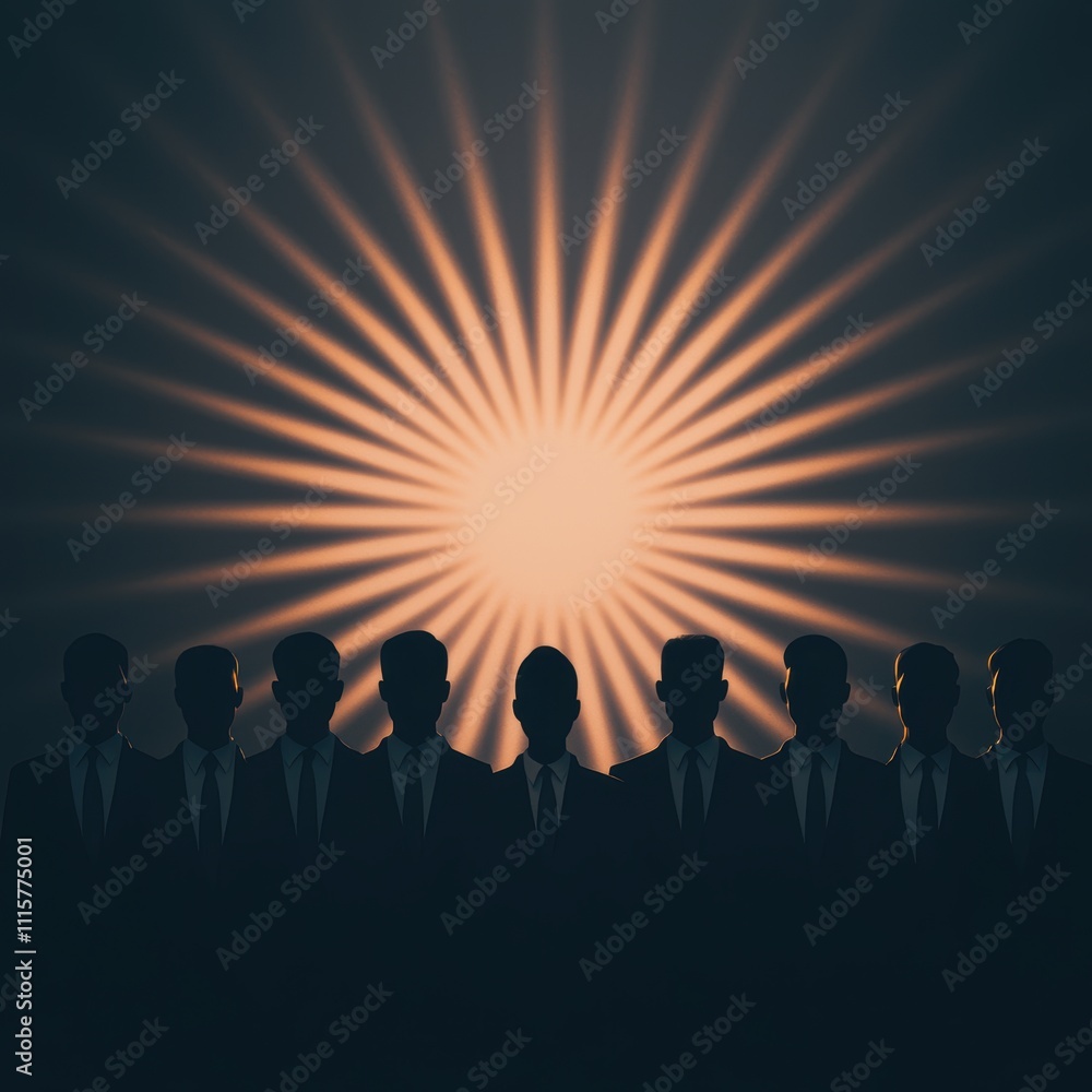 Silhouettes of men in suits against a radiant light, creating a mysterious and powerful atmosphere. Silhouettes of men in suits against a radiant light, creating a mysterious and powerful atmosphere.