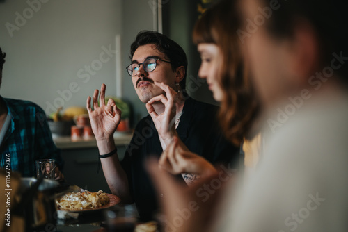 A group of friends gathered around a table, savoring a delicious pasta dish. The atmosphere is lively and joyful, capturing the essence of companionship and good food.