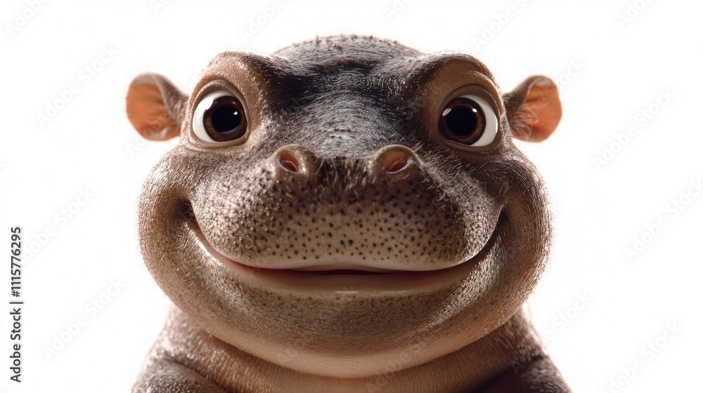 Obraz premium A cartoonish hippo face with a big smile against a white background.