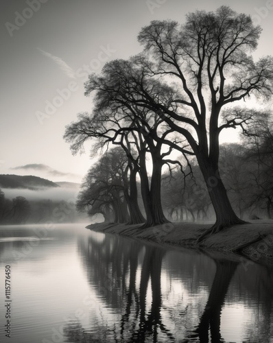 Majestic Trees Lining a Calm River in Nature. photo